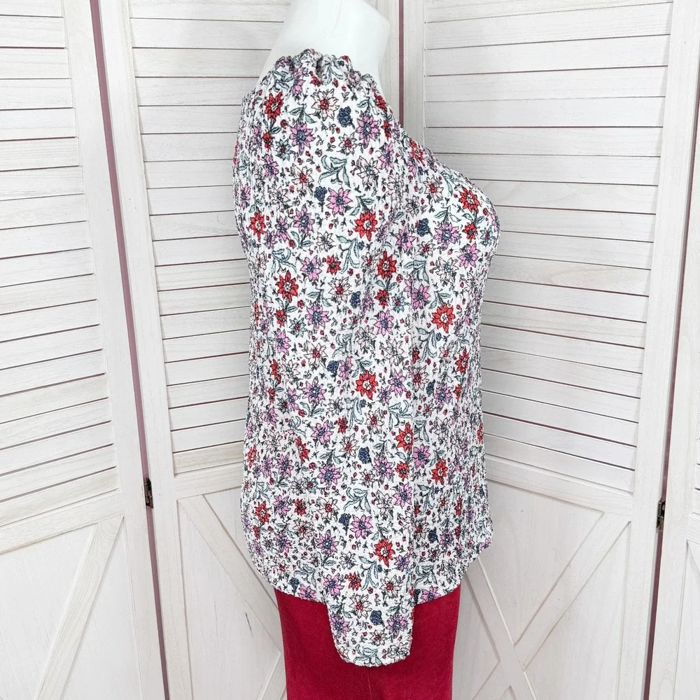 Loft Bloom Floral Textured Smocked Stretch Square Neck Top‎ White Multi Large